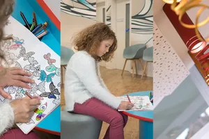 Trois vues du cabinet : un coloriage, une enfant qui dessine et un détail du mobilier
